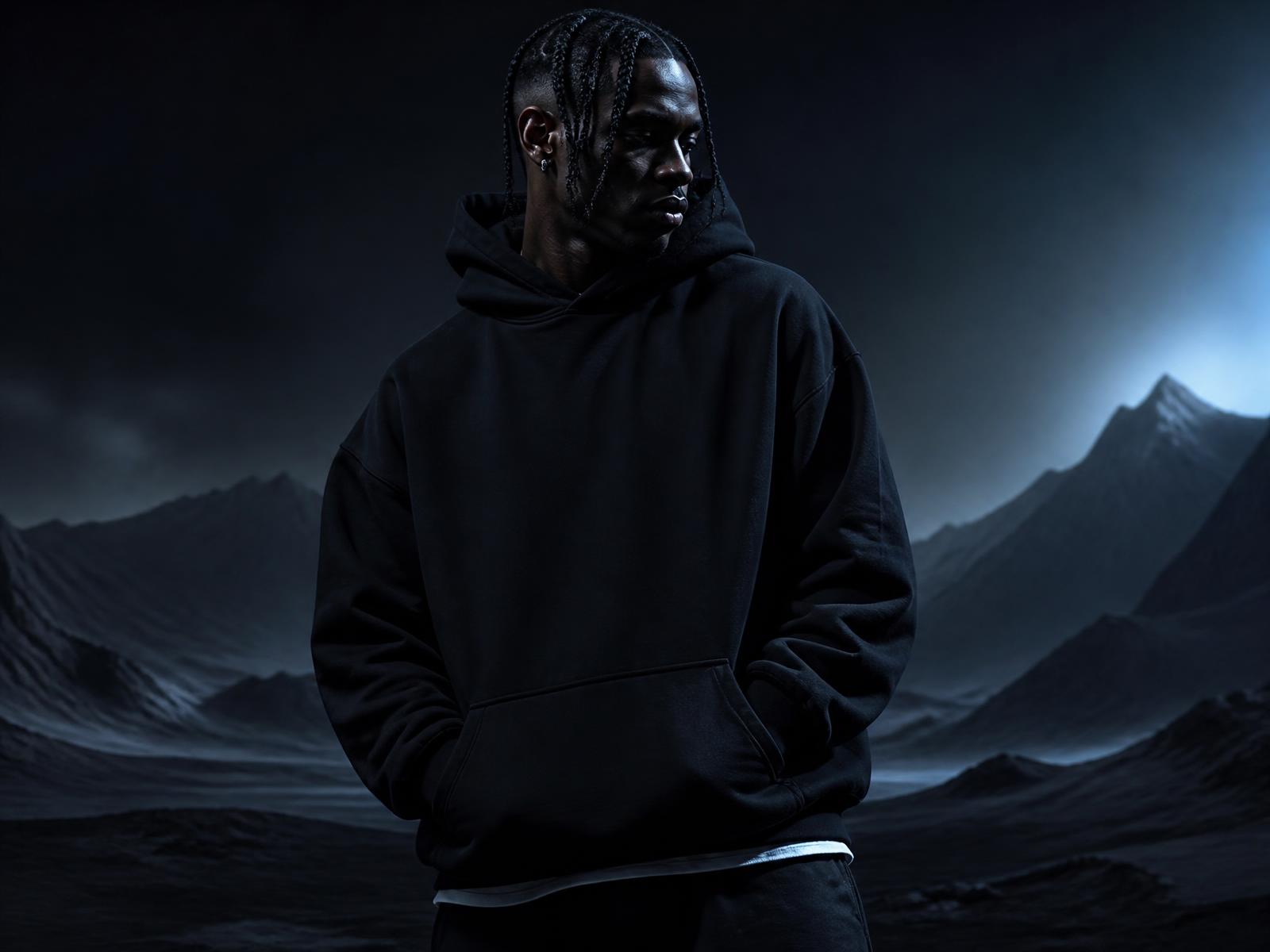 Model wearing a black Limitless Visions hoodie against a Tucson mountain silhouette